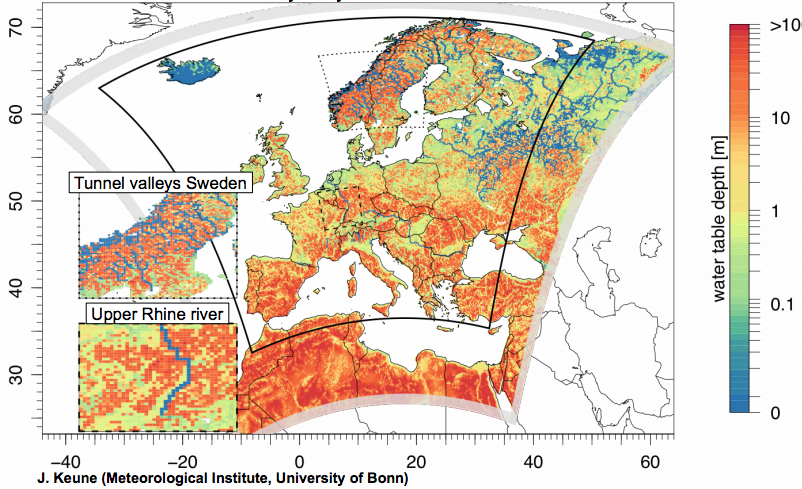 Figure 2: Water table depth in ParFlow simulations (Keune et al., 2016)